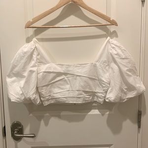 Vestique white crop top with puff sleeve and zipper back